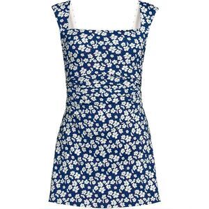 Land's End Plus Smoothing Square Neck Ruched 1 piece Swimuit indigo paisley Var
